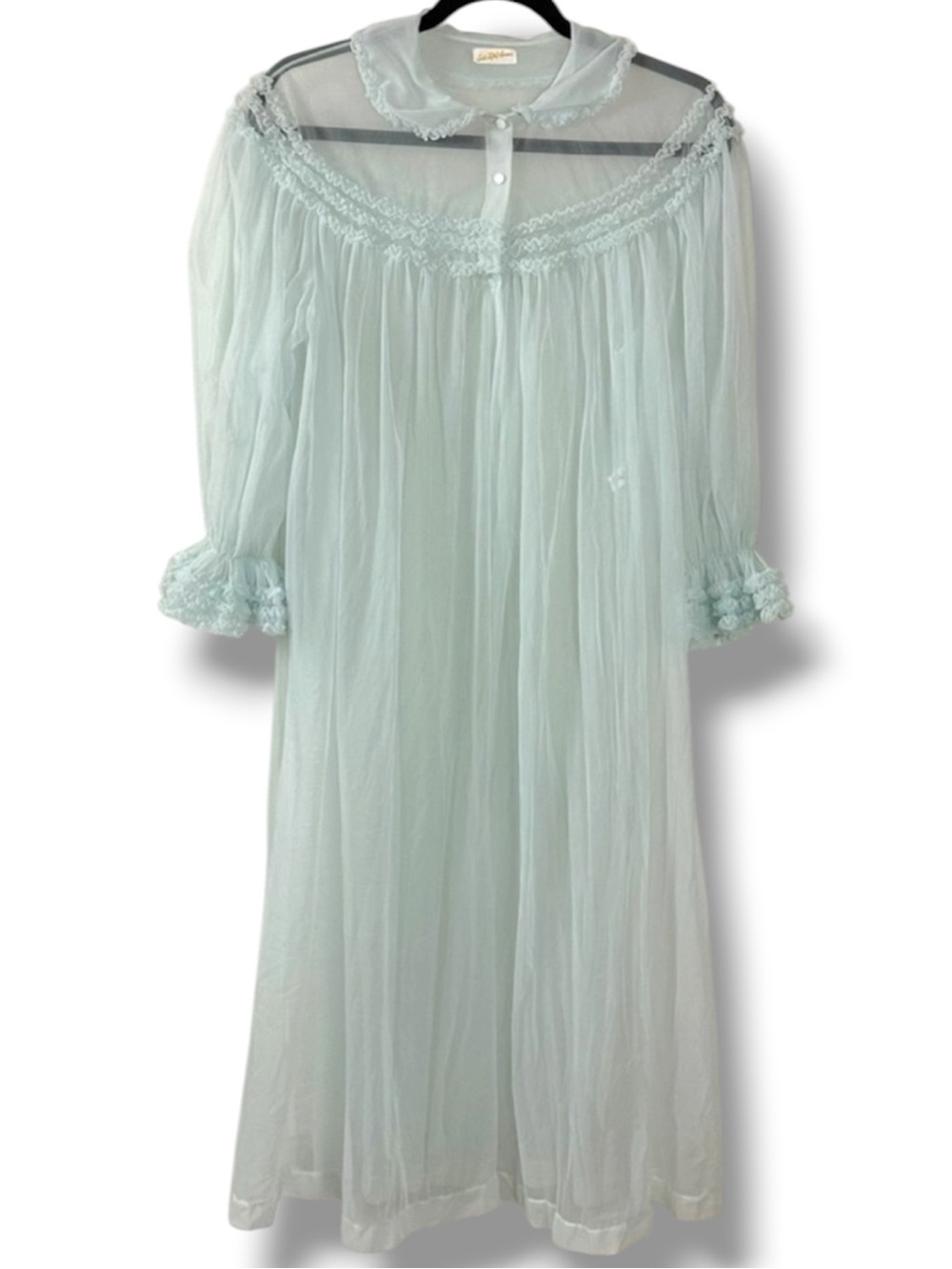 Vintage 60s Shadowline Maxi Peignoir Baby Blue Ruffles Medium Coquette Dainty